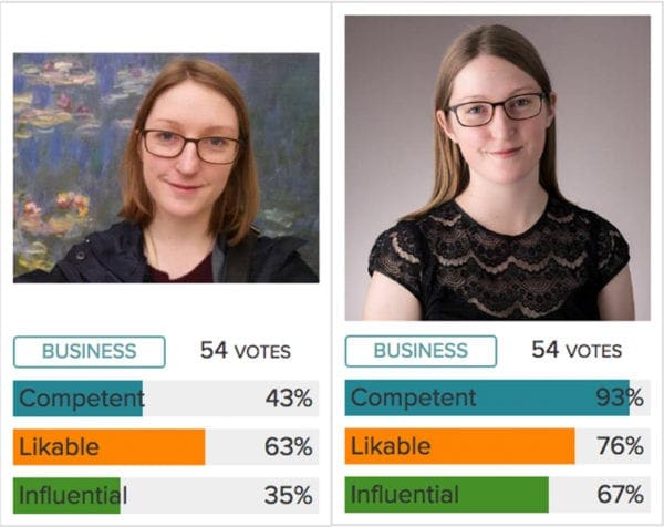 Two photographs of woman's headshots with votes