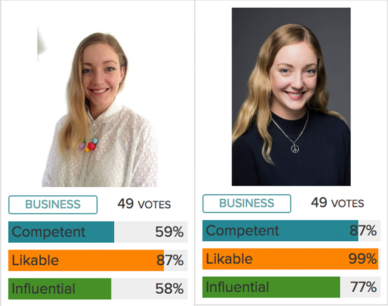Two corporate headshots of woman with votes underneath