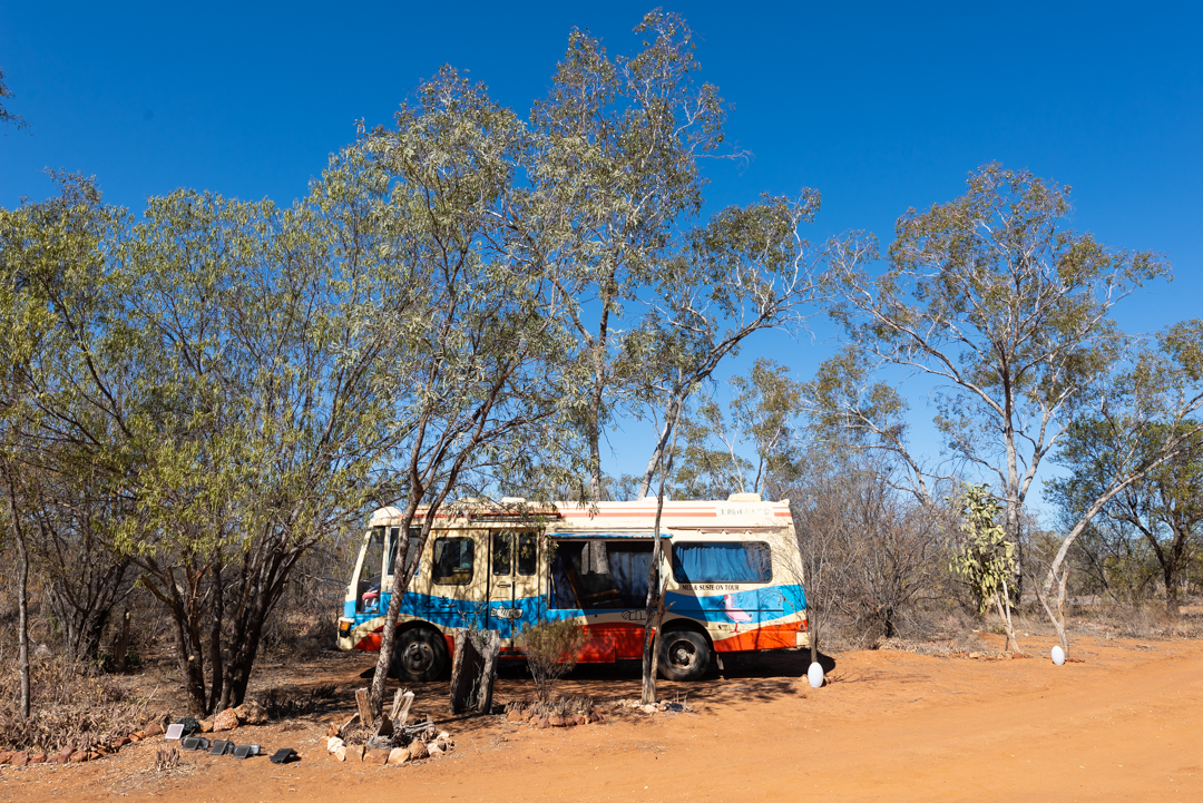 A tour bus owned by two travelling comedians and bush poets based in Lightning Ridge, Australia