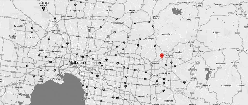 Map view showing pin where Julia's studio is located in Ringwood East.