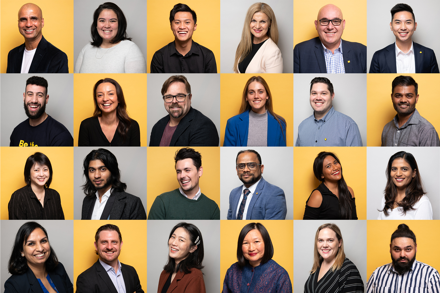 A collage of professional corporate staff headshots taken in Melbourne studio. Some portraits on a grey background and some on a yellow background.