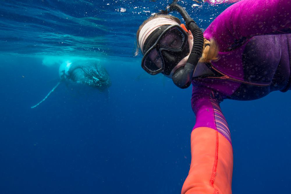 Selfie of Julia with humpback whale in the background.