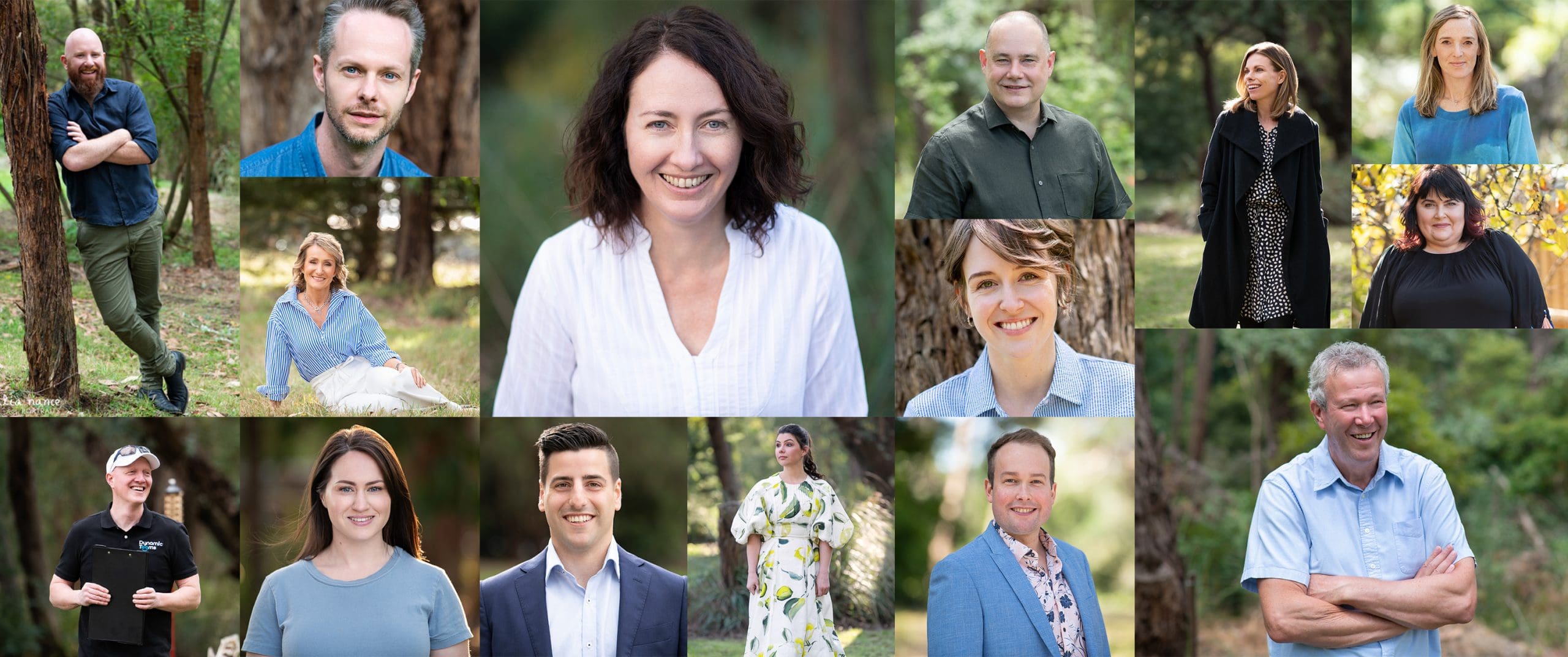 A collection of outdoor headshots and personal branding portraits taken outside of Julia's Melbourne studio. There are 15 people looking to camera all with different poses.