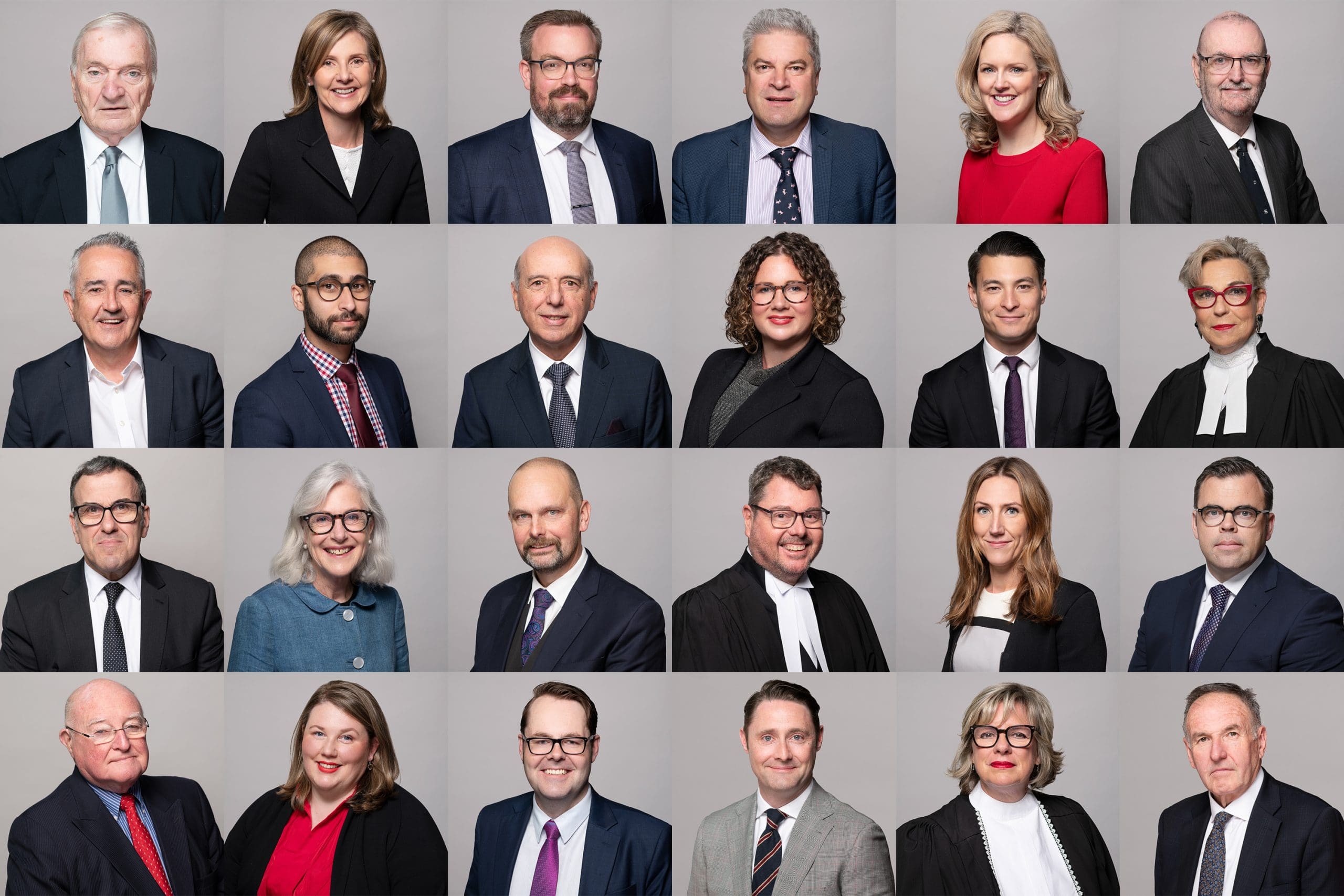 A collection of melbourne staff headshots showcasing a team of consistent images that can be used in a corporate setting. There are 24 portraits collaged together in a grid.