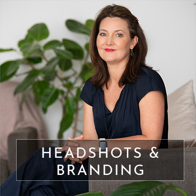 Professional headshot of a woman seated down, with the text 'Headshots & Branding' overlayed.